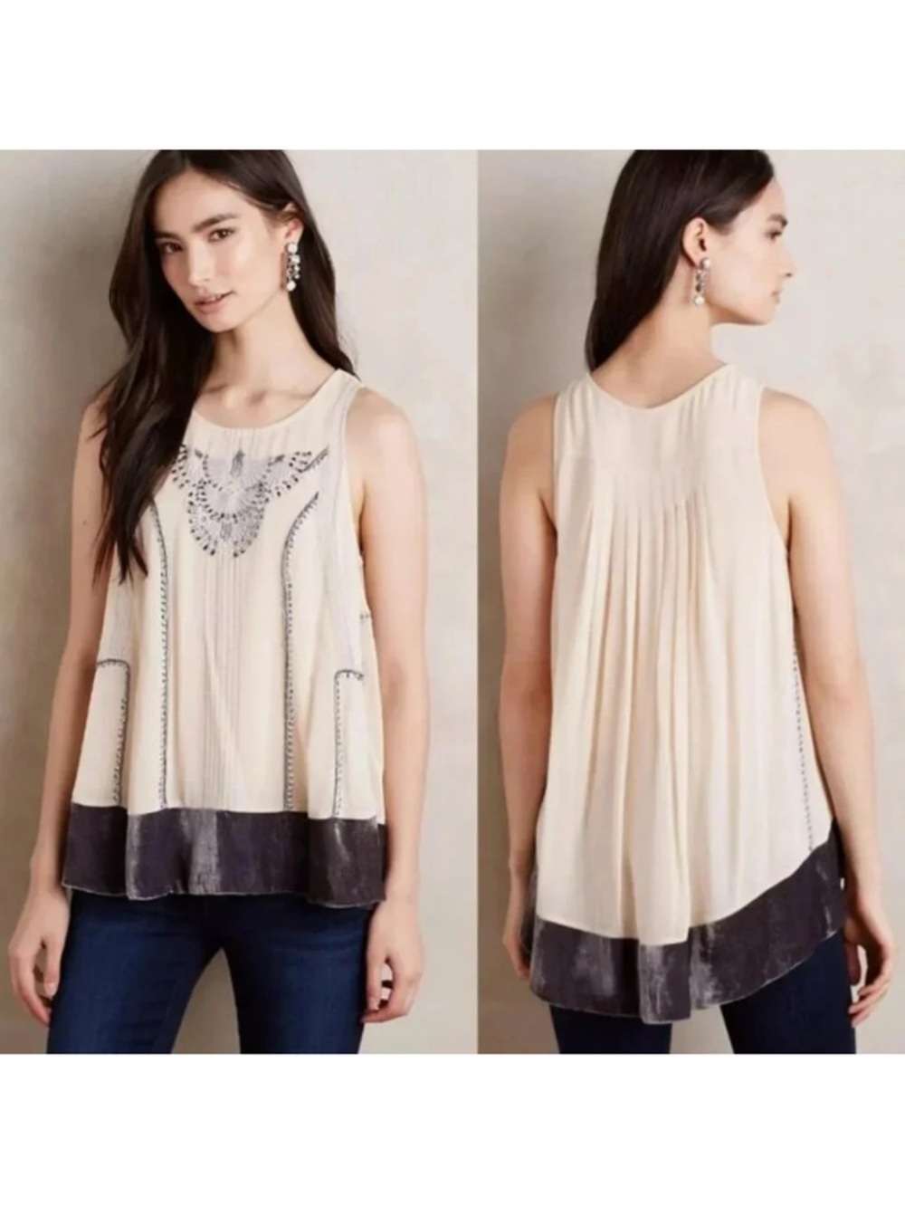 Anthropologie Moulinette Soeurs Velvet-Trimmed Swing Art Deco Beaded Tank XS